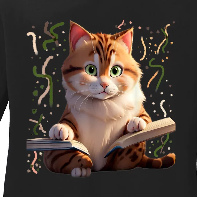 Funny Cats Reading A Book Graphic Cat Kitten Lovers Cat Mom Ladies Long Sleeve Shirt