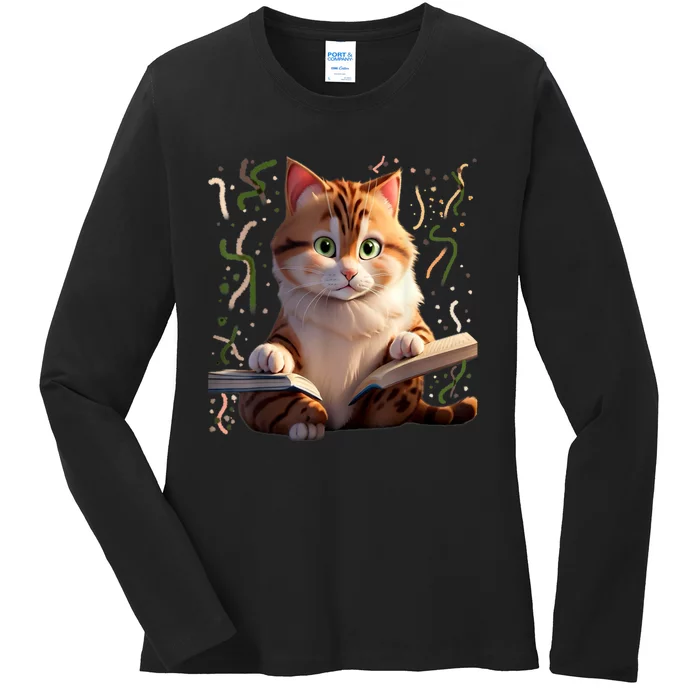 Funny Cats Reading A Book Graphic Cat Kitten Lovers Cat Mom Ladies Long Sleeve Shirt