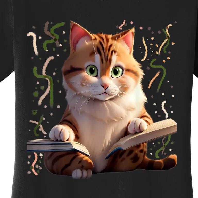 Funny Cats Reading A Book Graphic Cat Kitten Lovers Cat Mom Women's T-Shirt