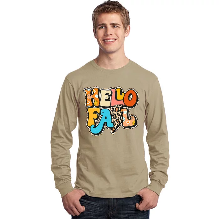 Funny Cute Retro Groovy Hello Fall Autumn Vibes Thanksgiving Tall Long Sleeve T-Shirt