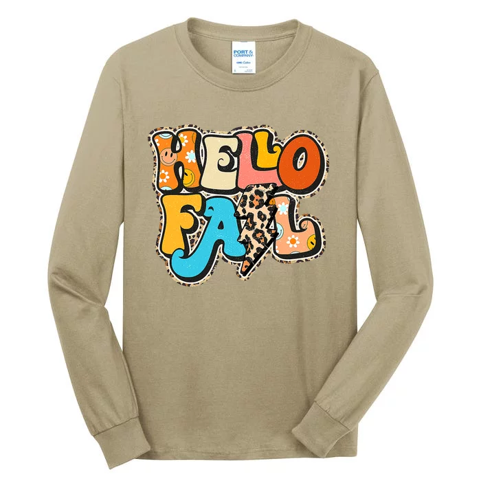 Funny Cute Retro Groovy Hello Fall Autumn Vibes Thanksgiving Tall Long Sleeve T-Shirt