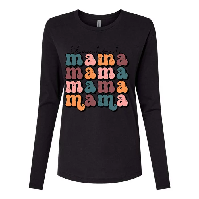 Funny Cute Retro Thankful Mama Fall Autumn Mom Thanksgiving Day Womens Cotton Relaxed Long Sleeve T-Shirt