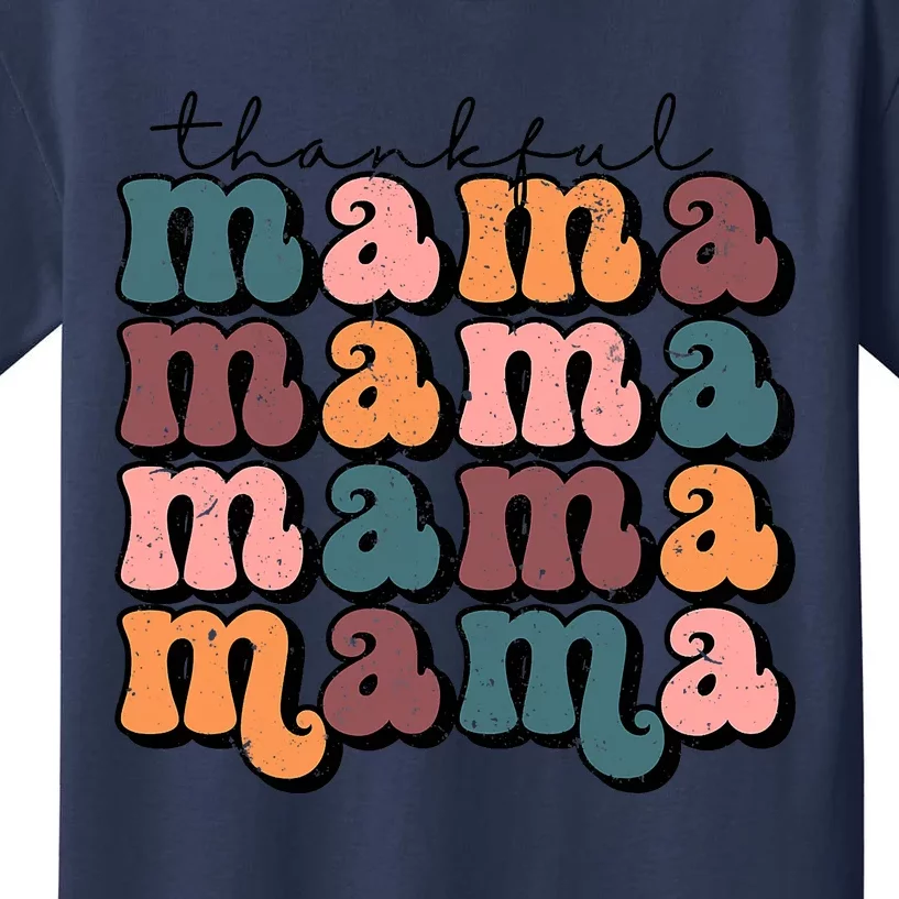 Funny Cute Retro Thankful Mama Fall Autumn Mom Thanksgiving Day Kids T-Shirt