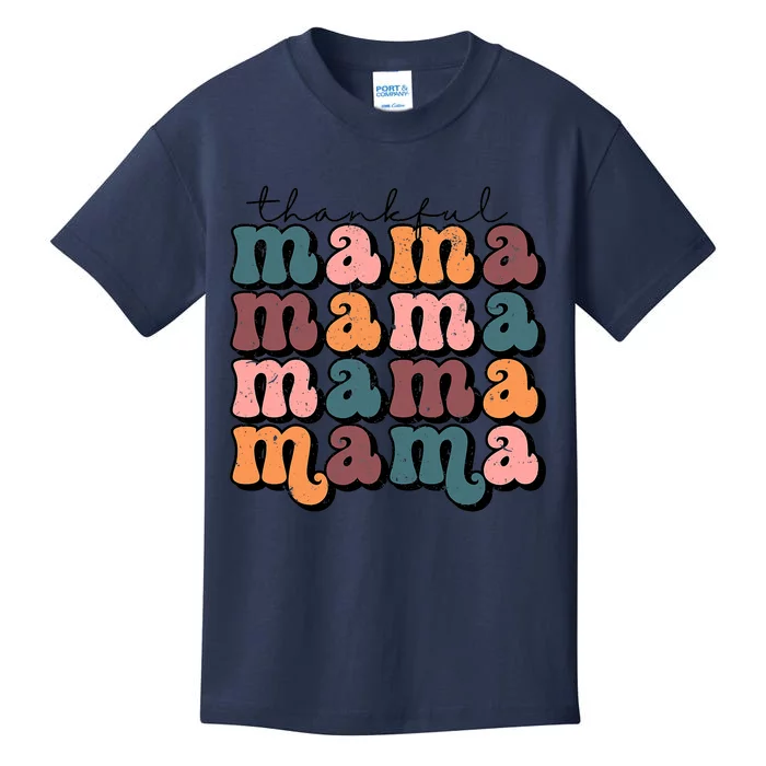 Funny Cute Retro Thankful Mama Fall Autumn Mom Thanksgiving Day Kids T-Shirt