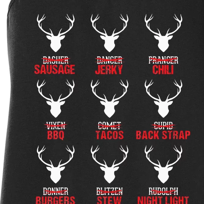 Funny Christmas Reindeer Hunter Deer Meat Hunting Gifts Women's Racerback Tank