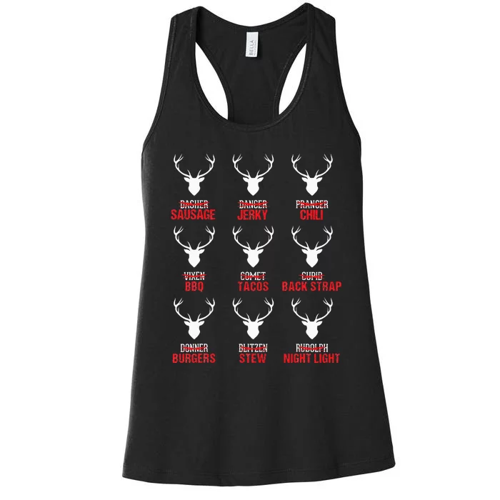 Funny Christmas Reindeer Hunter Deer Meat Hunting Gifts Women's Racerback Tank