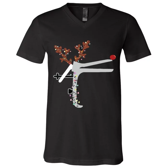 Funny Christmas Reindeer Speculum Nurse Ld Nursing Xmas V-Neck T-Shirt