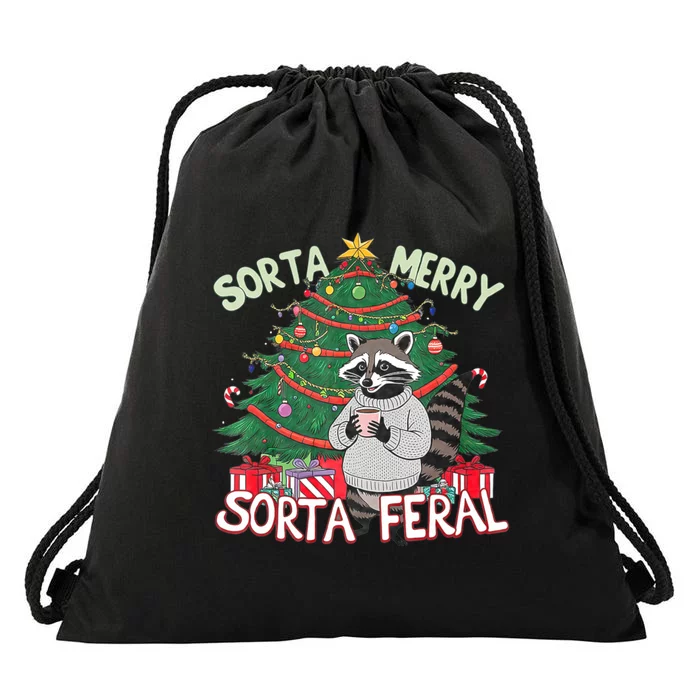 Funny Christmas Raccoon Sorta Merry Sorta Santa Feral Xmas Drawstring Bag