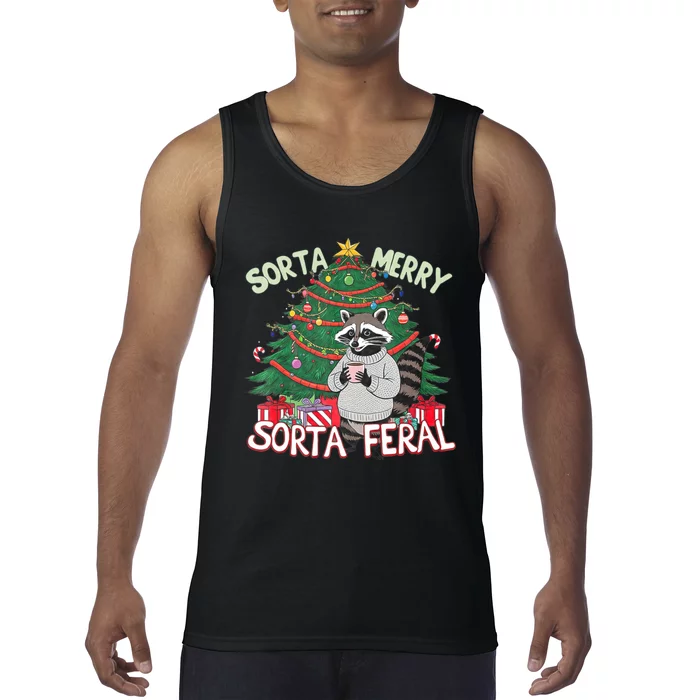 Funny Christmas Raccoon Sorta Merry Sorta Santa Feral Xmas Tank Top