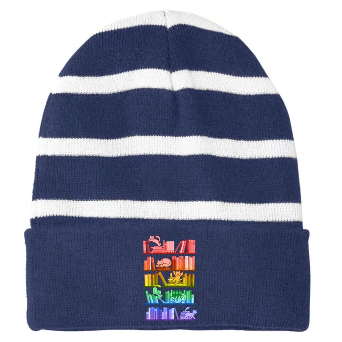 Funny Colorful Rainbow Library Cats Striped Beanie with Solid Band