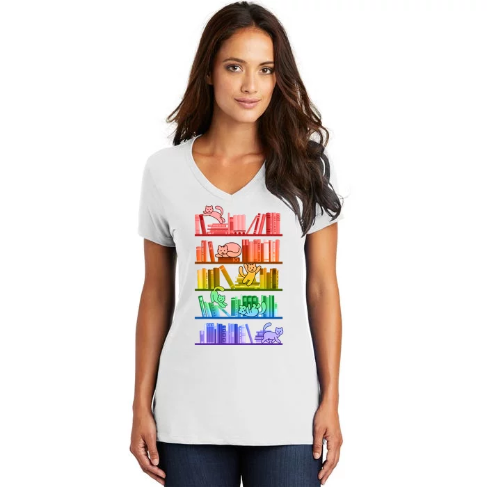 Funny Colorful Rainbow Library Cats Women's V-Neck T-Shirt