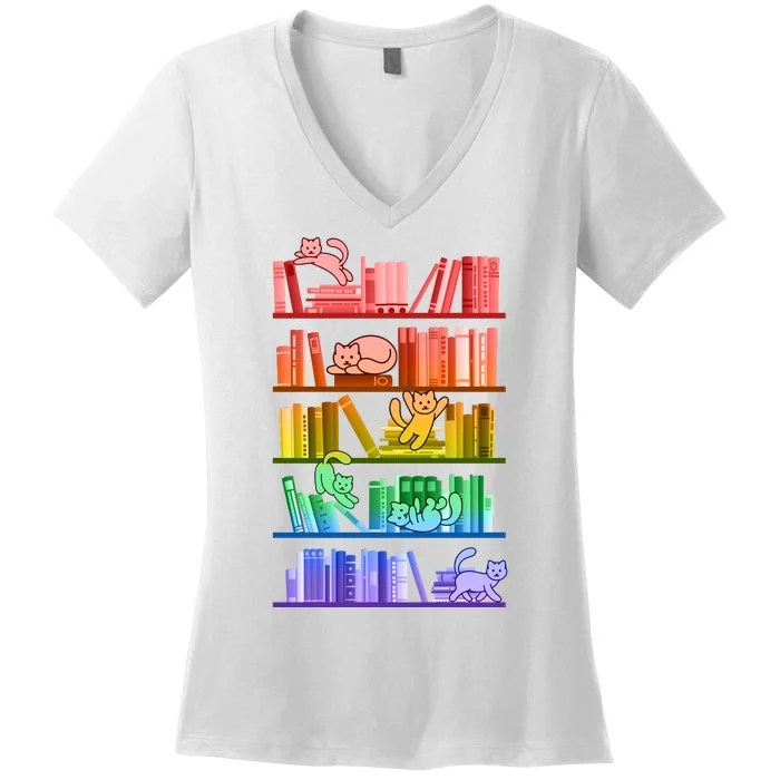 Funny Colorful Rainbow Library Cats Women's V-Neck T-Shirt