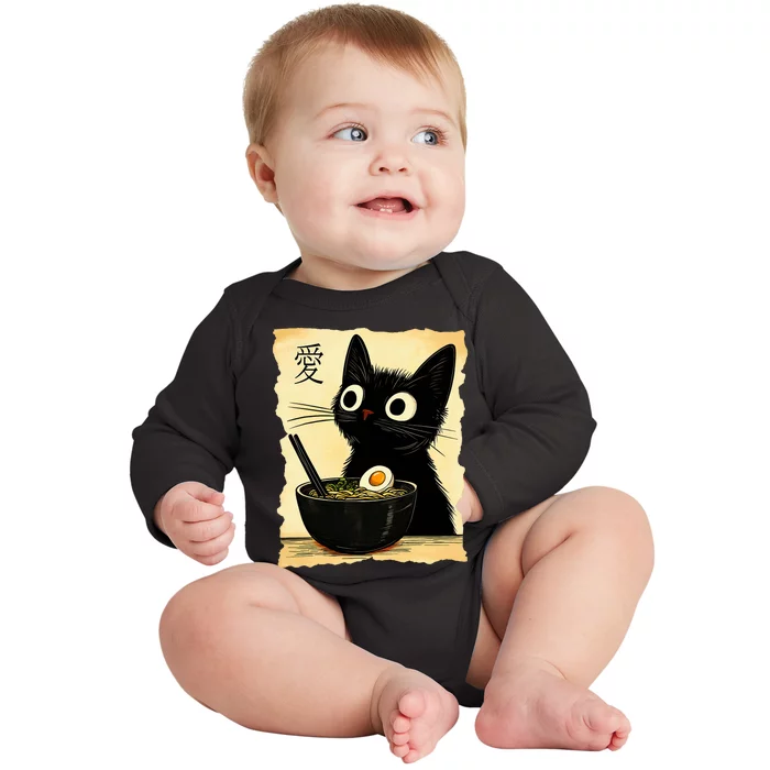 Funny Cat Ramen Graphic Japanese Kawaii Anime Cat Baby Long Sleeve Bodysuit