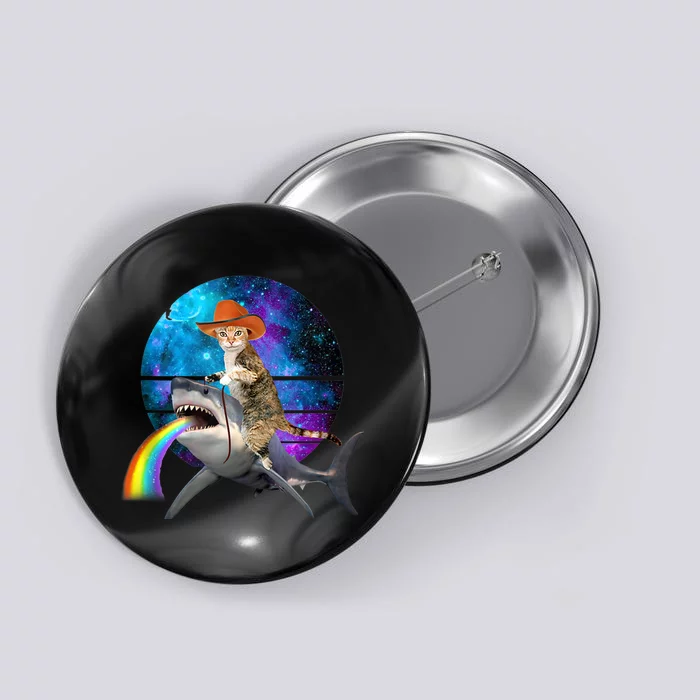 Funny Cat Riding Shark Puking Rainbow Galaxy Space Humor Pun Ank Op Button