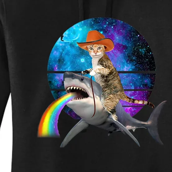 Funny Cat Riding Shark Puking Rainbow Galaxy Space Humor Pun Ank Op Women's Pullover Hoodie