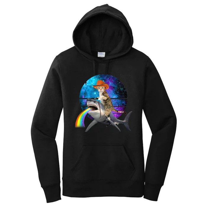 Funny Cat Riding Shark Puking Rainbow Galaxy Space Humor Pun Ank Op Women's Pullover Hoodie