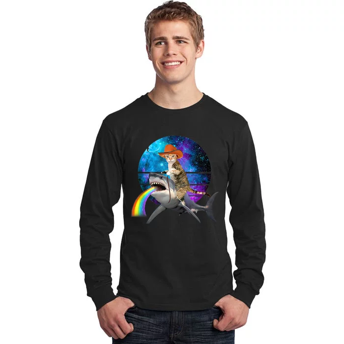 Funny Cat Riding Shark Puking Rainbow Galaxy Space Humor Pun Ank Op Tall Long Sleeve T-Shirt