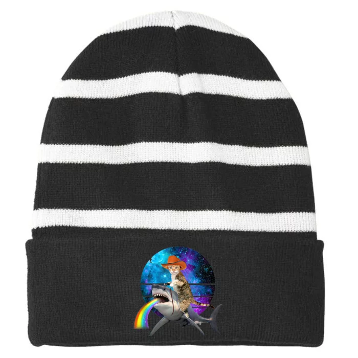 Funny Cat Riding Shark Puking Rainbow Galaxy Space Humor Pun Ank Op Striped Beanie with Solid Band