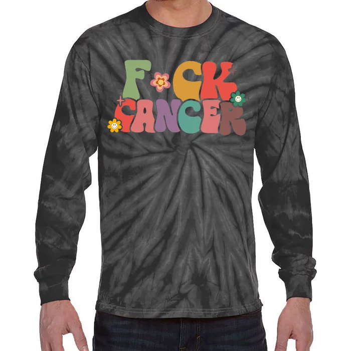 Fuck Cancer Retro Groovy All Cancer Awareness Women Tie-Dye Long Sleeve Shirt