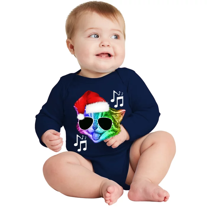 Funny Colorful Rainbow Dj Music Kitty Cat Santa Christmas Gift Baby Long Sleeve Bodysuit