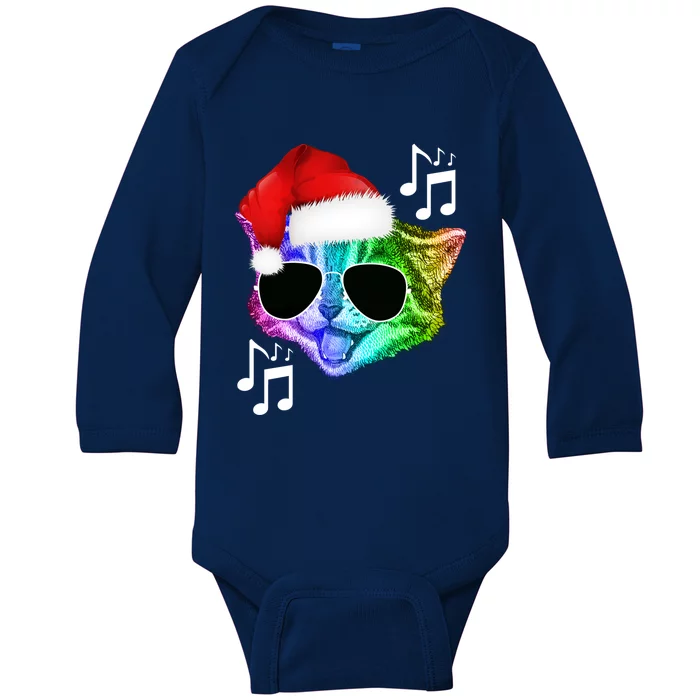 Funny Colorful Rainbow Dj Music Kitty Cat Santa Christmas Gift Baby Long Sleeve Bodysuit