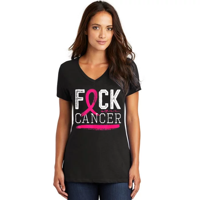 Fuck Cancer Retro Distressed Breast Cancer Awareness Month Women's V-Neck T-Shirt