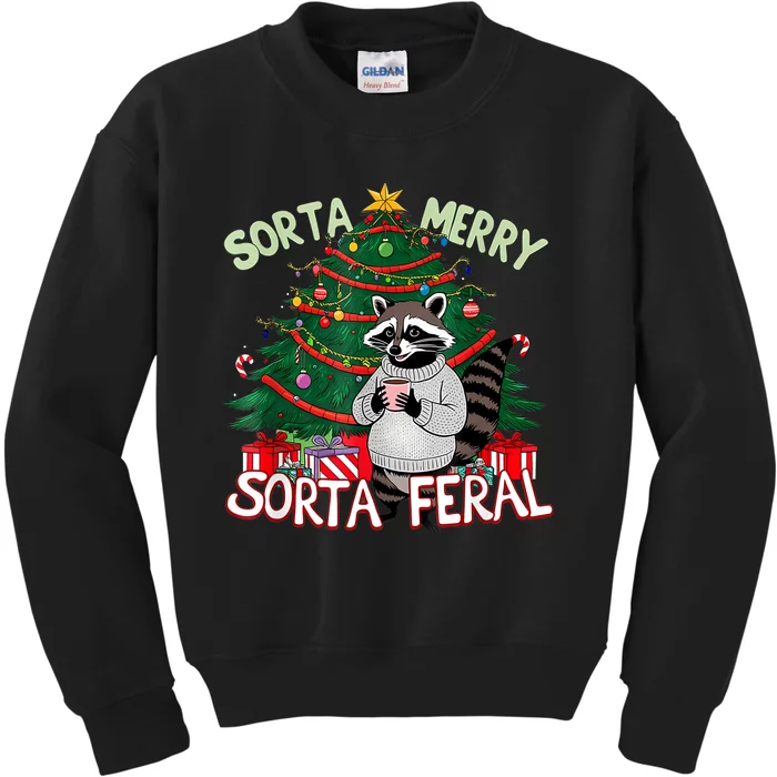 Funny Christmas Raccoon Sorta Merry Sorta Santa Feral Xmas Kids Sweatshirt