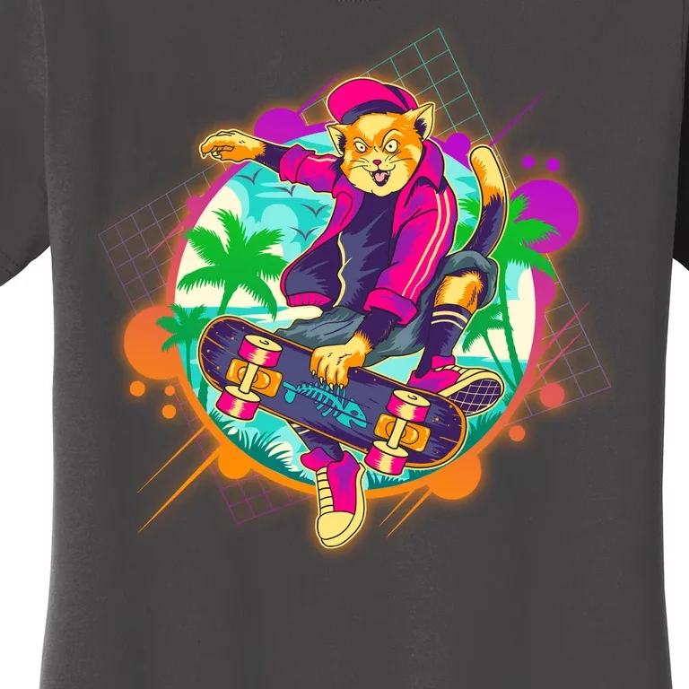 Funny Cool Retro 80s Skatebording Cat Women's T-Shirt