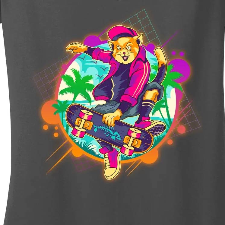 Funny Cool Retro 80s Skatebording Cat Women's V-Neck T-Shirt