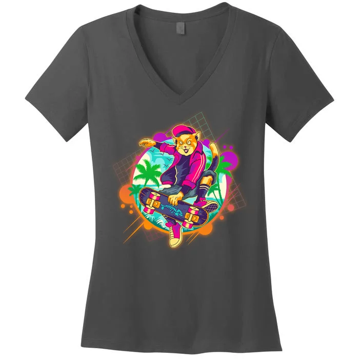 Funny Cool Retro 80s Skatebording Cat Women's V-Neck T-Shirt