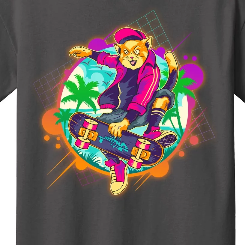 Funny Cool Retro 80s Skatebording Cat Kids T-Shirt