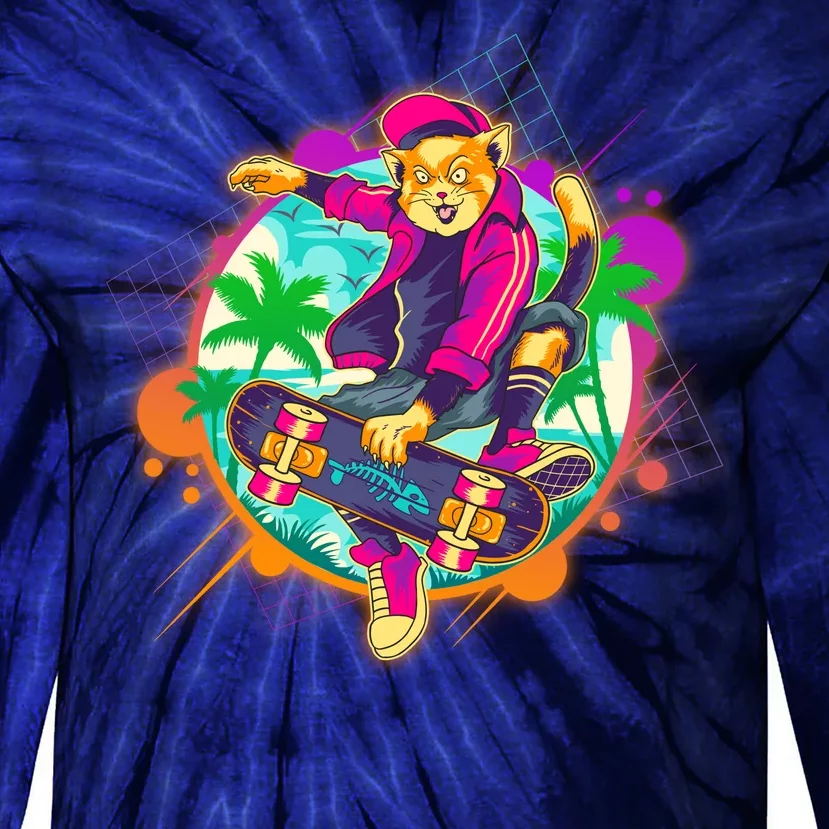 Funny Cool Retro 80s Skatebording Cat Tie-Dye Long Sleeve Shirt