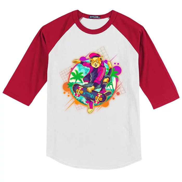 Funny Cool Retro 80s Skatebording Cat Kids Colorblock Raglan Jersey