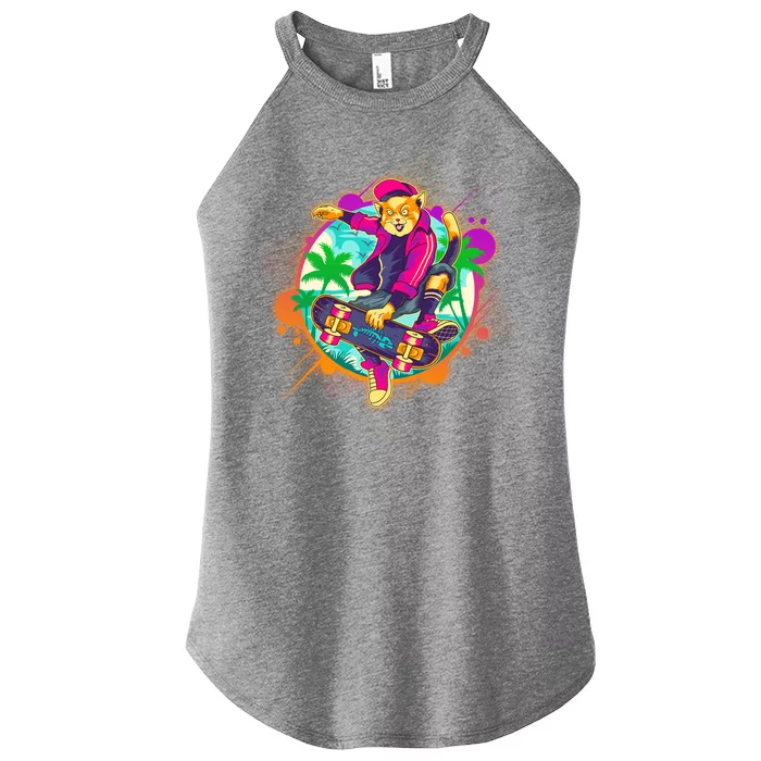 Funny Cool Retro 80s Skatebording Cat Women’s Perfect Tri Rocker Tank