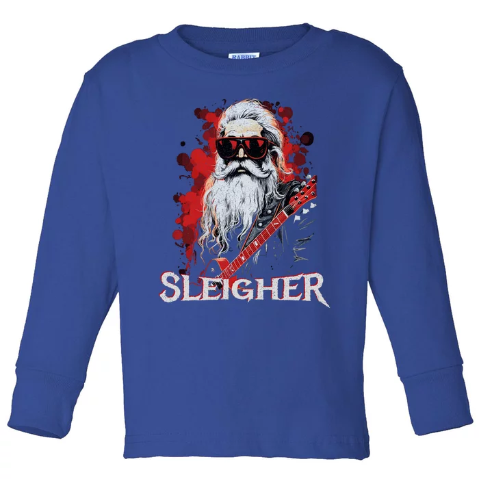 Funny Christmas Rocker Band Santa Playing Guitar Sleigher Cool Gift Toddler Long Sleeve Shirt