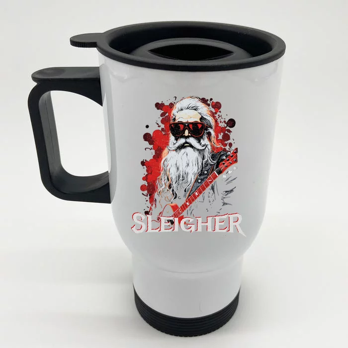 Funny Christmas Rocker Band Santa Playing Guitar Sleigher Cool Gift Front & Back Stainless Steel Travel Mug