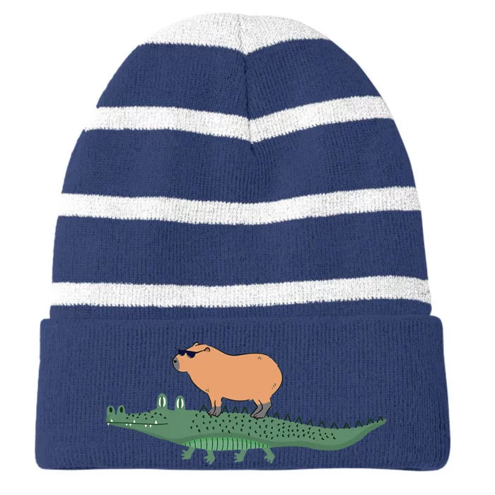 Funny Capybara Riding On A Crocodile Striped Beanie with Solid Band