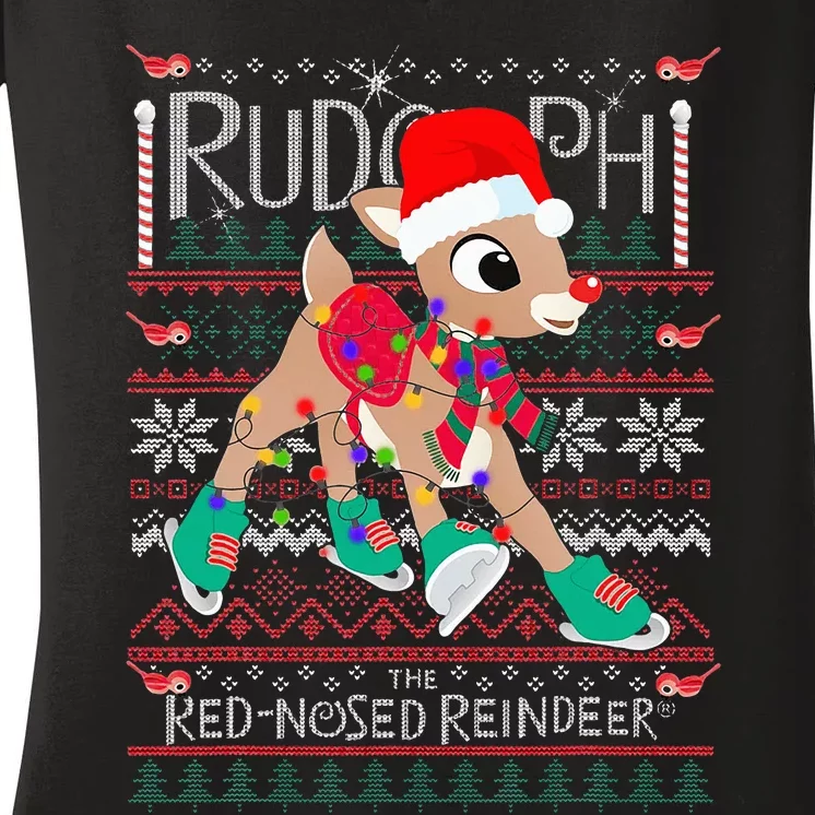 Funny Cute Rudolph The Red Nosed Reindeer Christmas tree Women's V-Neck T-Shirt