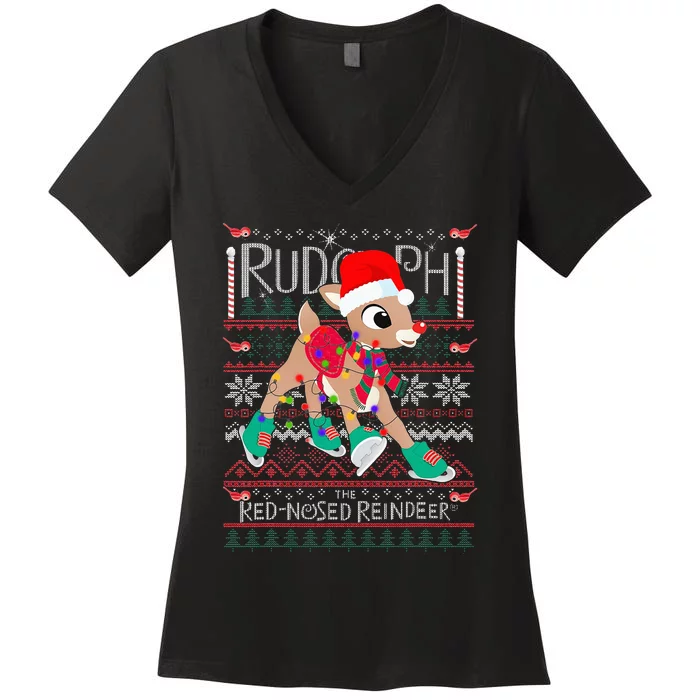 Funny Cute Rudolph The Red Nosed Reindeer Christmas tree Women's V-Neck T-Shirt