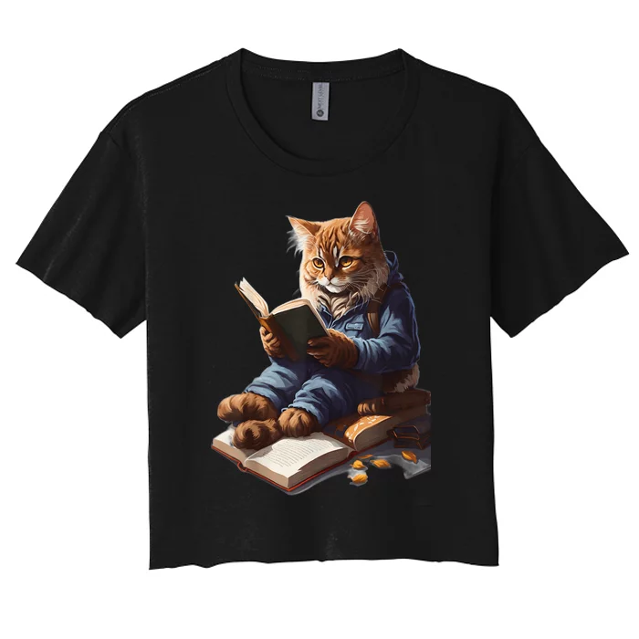 Funny Cats Reading A Book Graphic Cat Kitten Lovers Women's Crop Top Tee