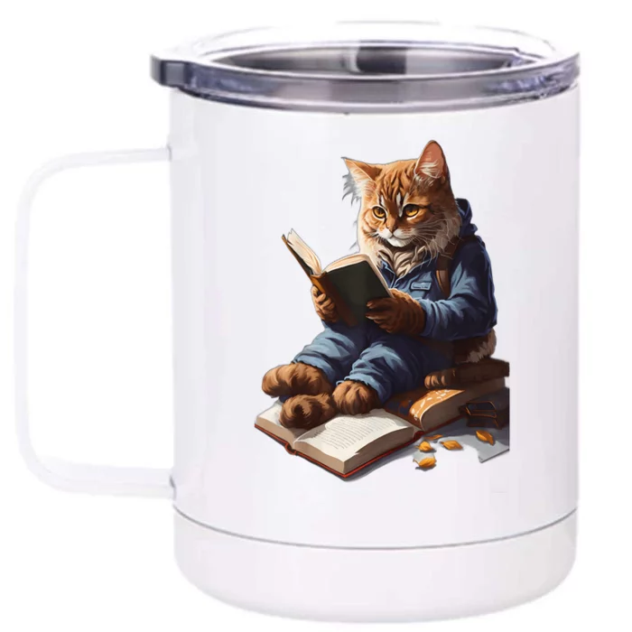 Funny Cats Reading A Book Graphic Cat Kitten Lovers Front & Back 12oz Stainless Steel Tumbler Cup