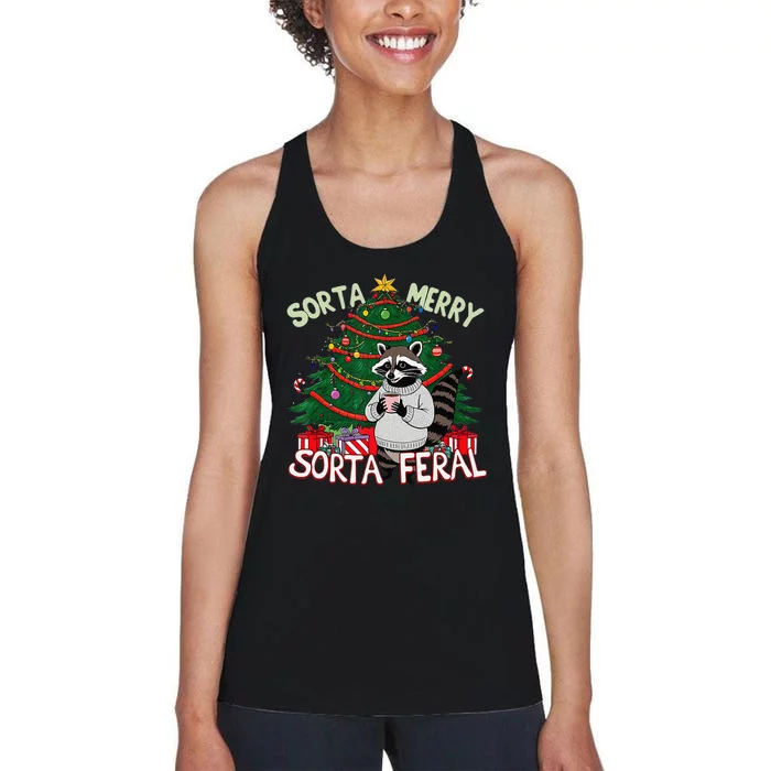 Funny Christmas Raccoon Sorta Merry Sorta Santa Feral Xmas Women's Racerback Tank