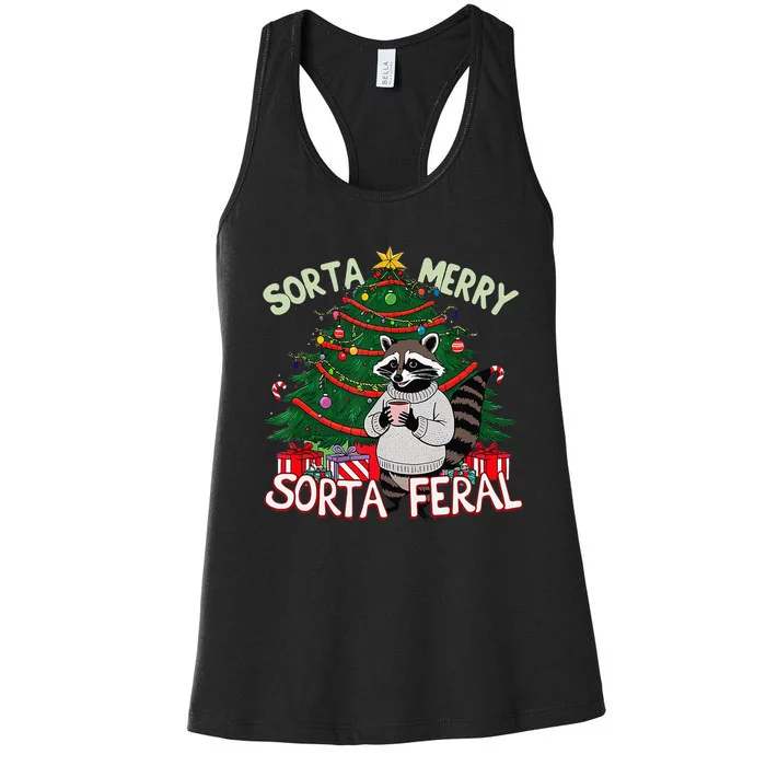 Funny Christmas Raccoon Sorta Merry Sorta Santa Feral Xmas Women's Racerback Tank