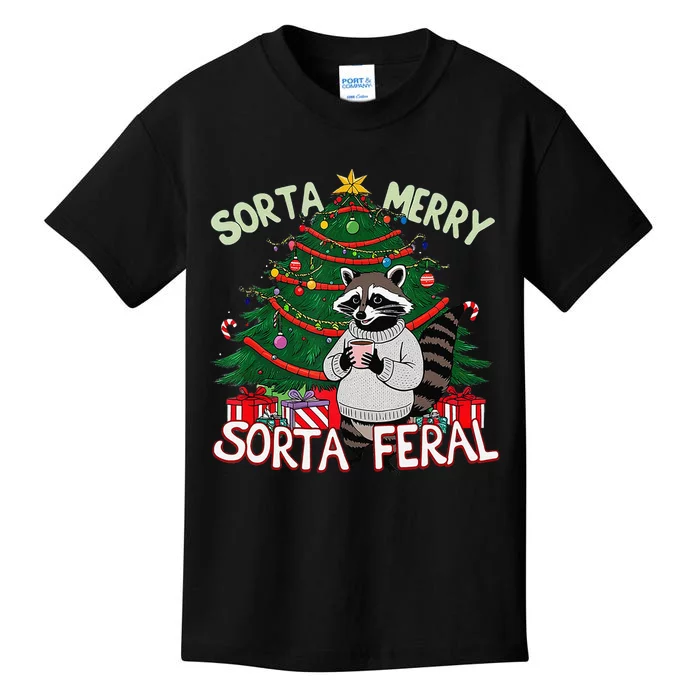 Funny Christmas Raccoon Sorta Merry Sorta Santa Feral Xmas Kids T-Shirt