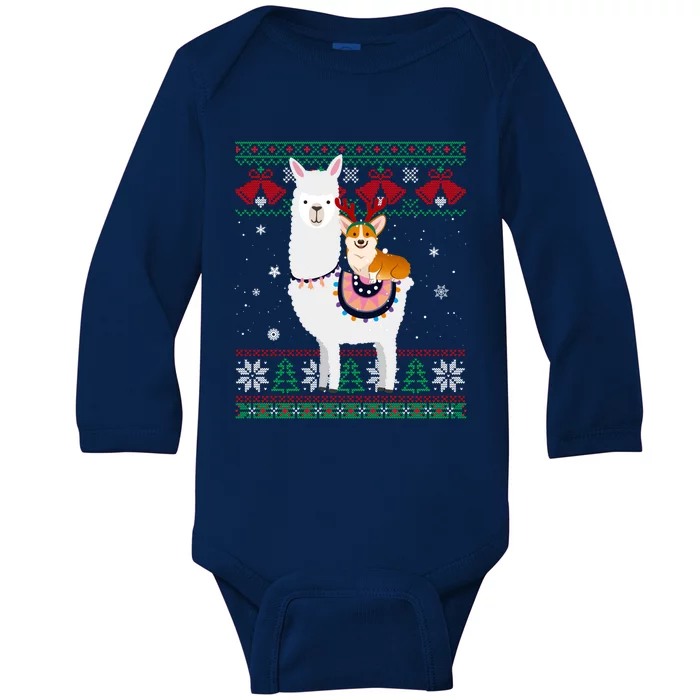 Funny Corgi Riding Llama Christmas Funny Gift Corgi Xmas Ugly Cute Gift Baby Long Sleeve Bodysuit