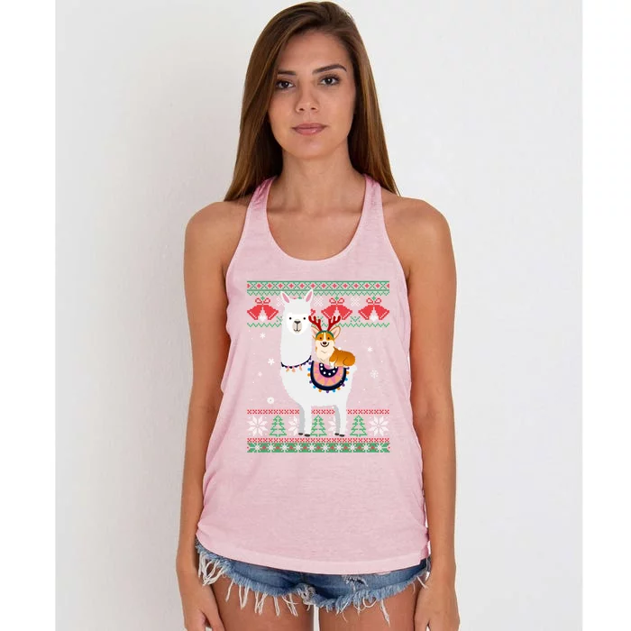 Funny Corgi Riding Llama Christmas Funny Gift Corgi Xmas Ugly Cute Gift Women's Knotted Racerback Tank