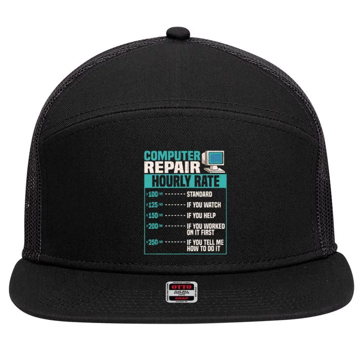 Funny Computer Repair Hourly Rate 7 Panel Mesh Trucker Snapback Hat