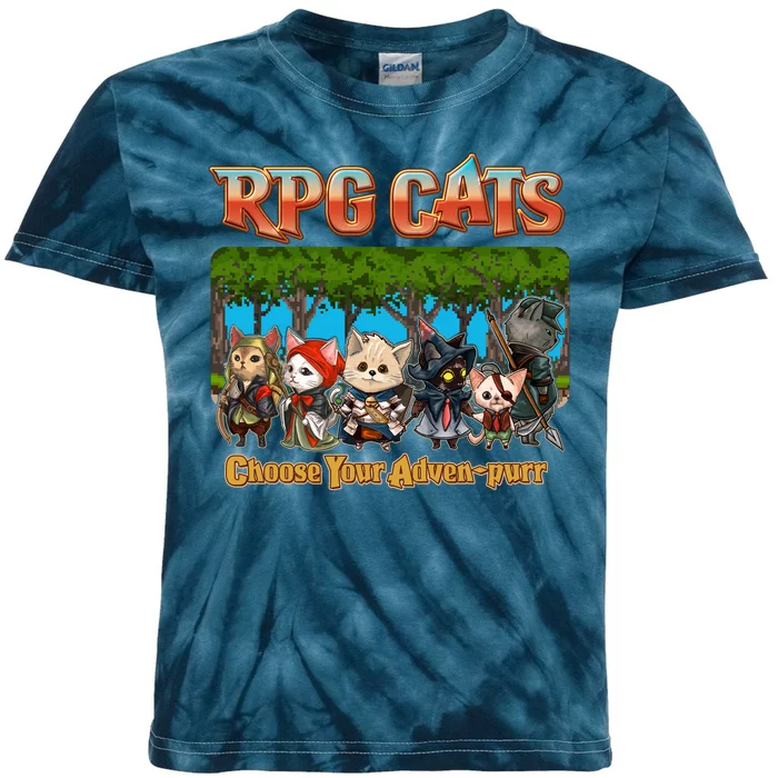 Funny Cute RPG Cats Choose Your Advenpurr Kids Tie-Dye T-Shirt