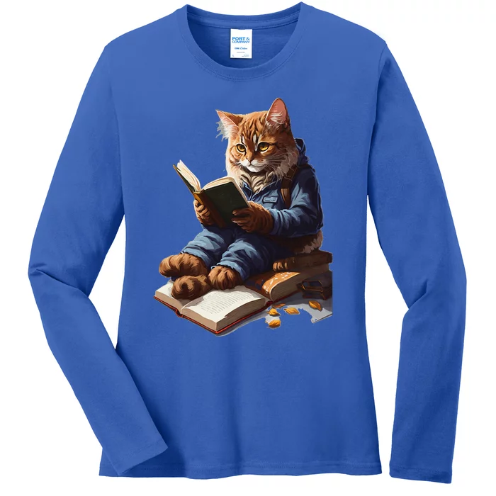 Funny Cats Reading A Book Cat Kitten Lovers Ladies Long Sleeve Shirt