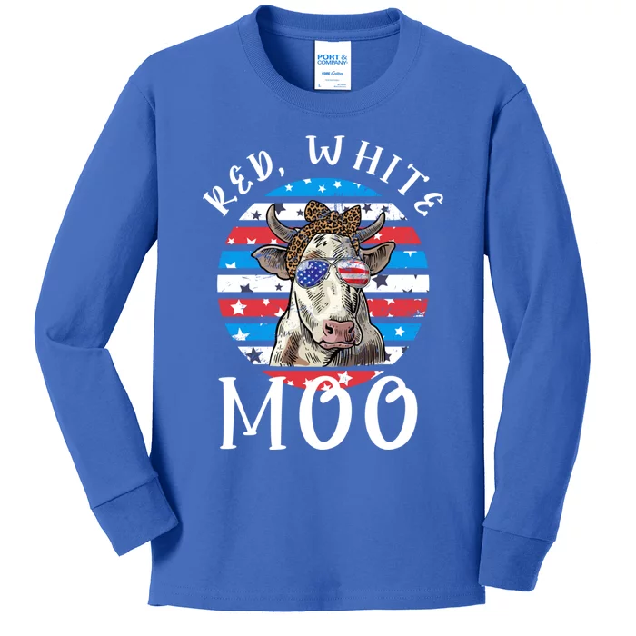 Funny Cow Red White And Moo Vintage American Flag 4th Of July Great Gift Kids Long Sleeve Shirt